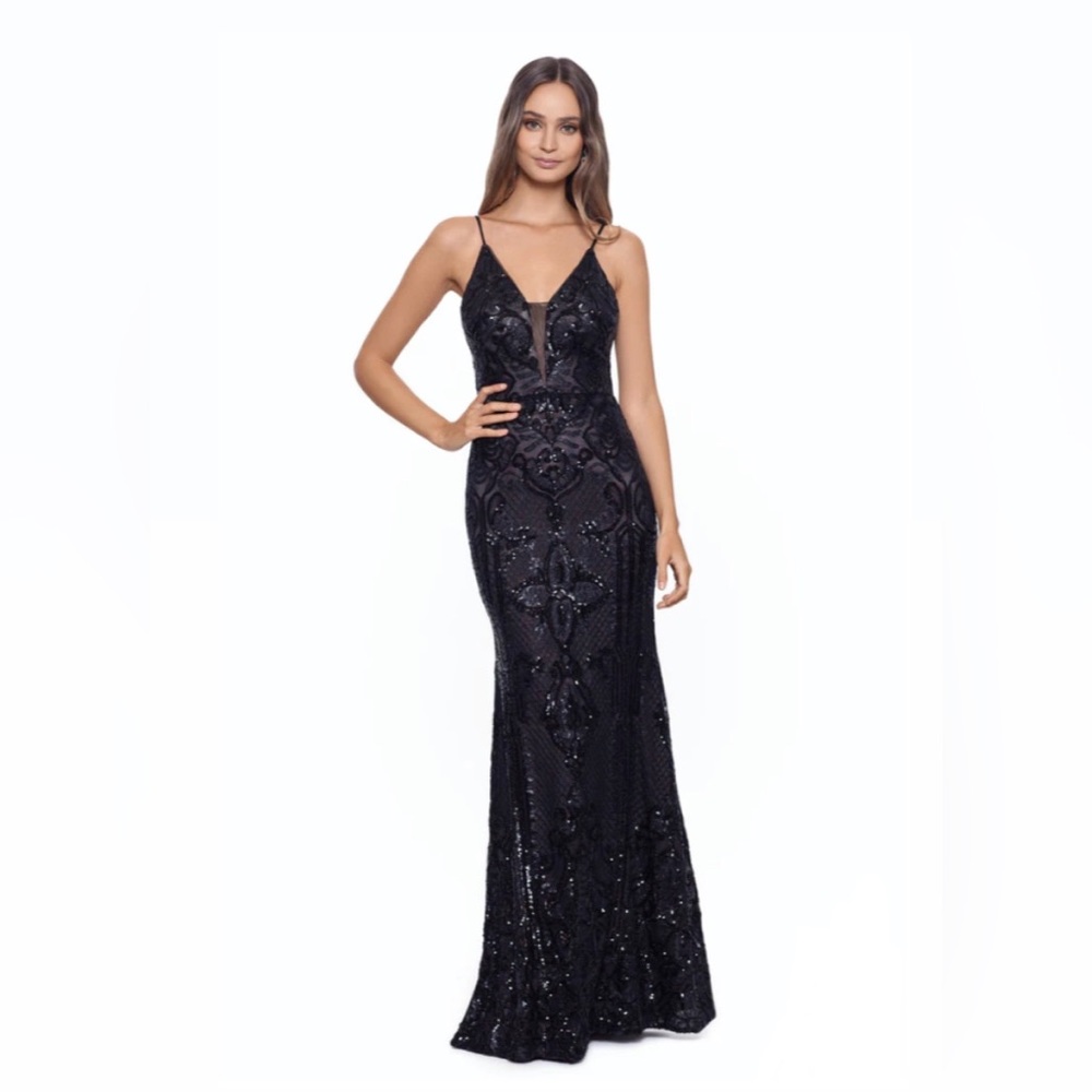 "ANNE" FLOOR LENGTH SEQUIN
V-NECK ILLUSION MESH INSERT